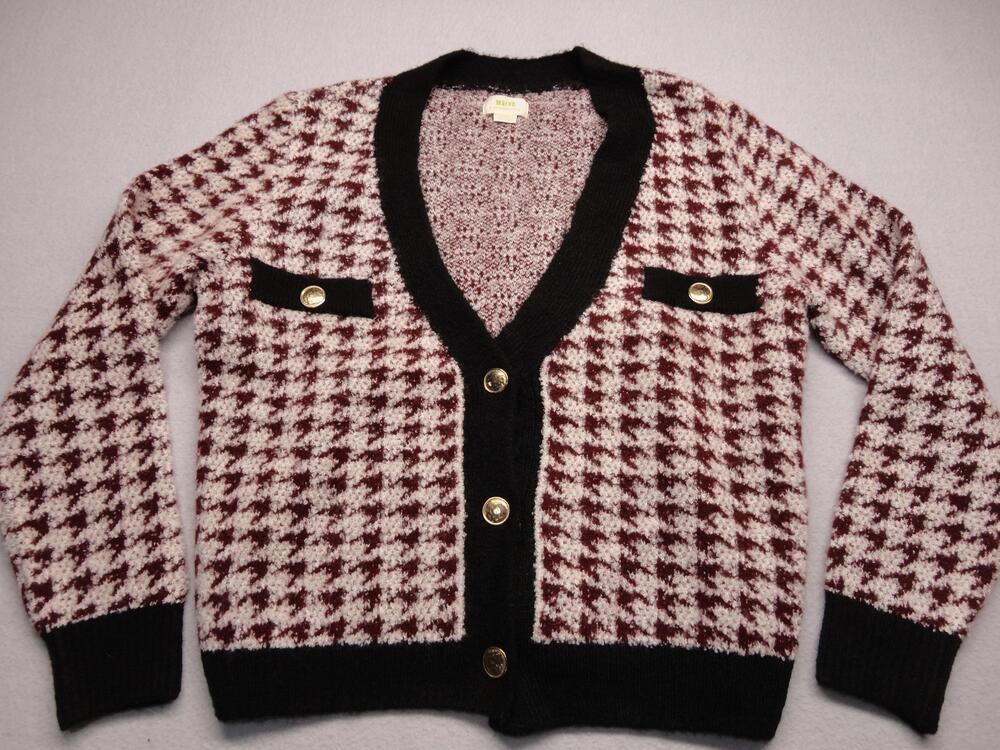 Maeve Anthropologie Sweater Cardigan Womens Medium Red Check Knit Gold Buttons